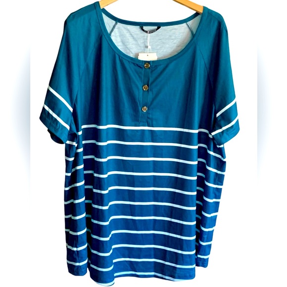 BloomChic Stripped Raglan Sleeve Teal Button Top - Picture 1 of 7